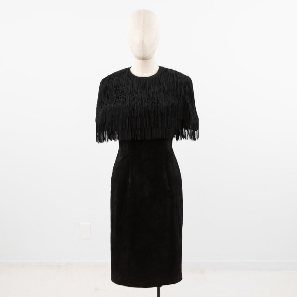 Vintage S/M Fringe Suede Leather Midi Dress Black - Picture 2 of 12